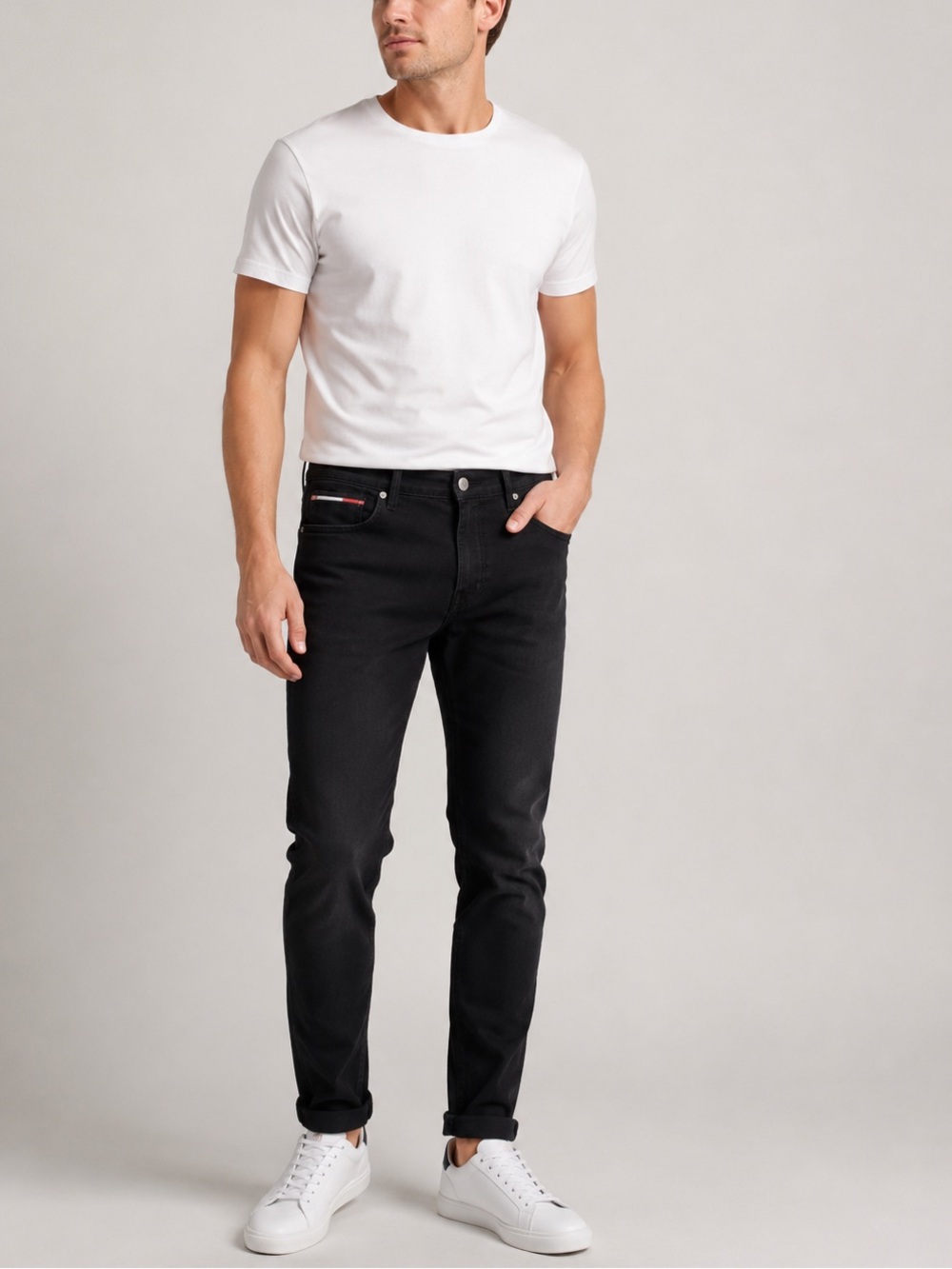 Tommy Jeans Mens 32x30 Black Slim Fit Stretch Denim Pants‎ Logo Flag NWT